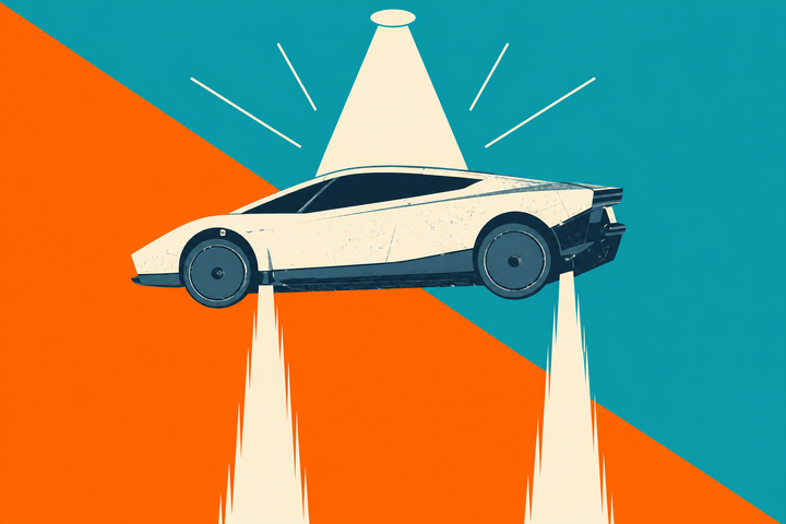 Štylizovaný plagát nového Tesla Roadster vznášajúceho sa na tryskách pod svetlom reflektorov, na oranžovo-tyrkysovom diagonálnom pozadí v štýle Altky.sk.